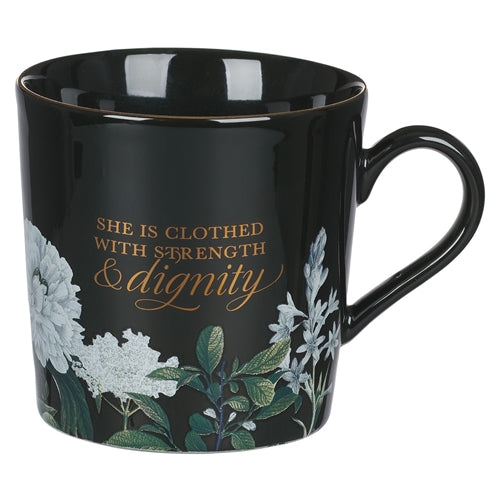 Ceramic Mug - Strength And Dignity Floral Black Proverbs 31vs25