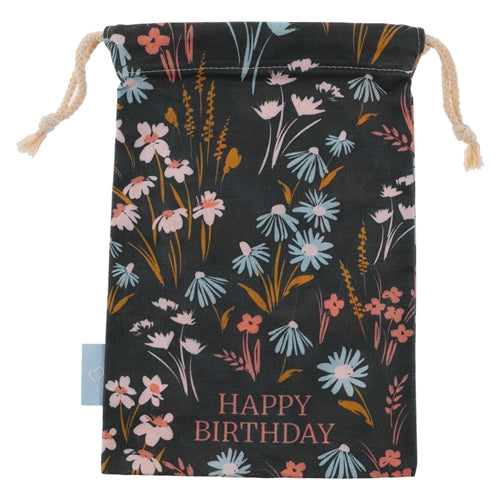 Small Cotton Drawstring Bag -Happy Birthday Flowers