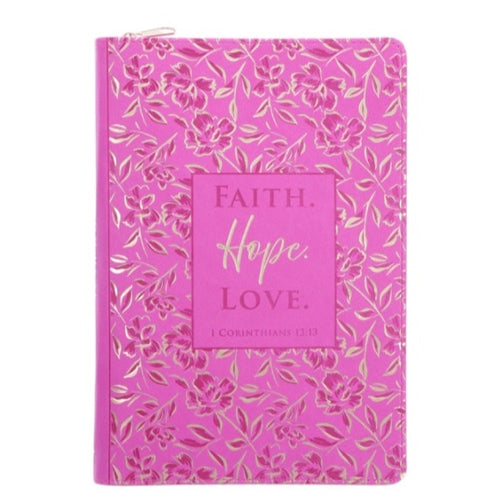 Faux Leather Journal With Zipped Closure - Faith Hope Love Pink