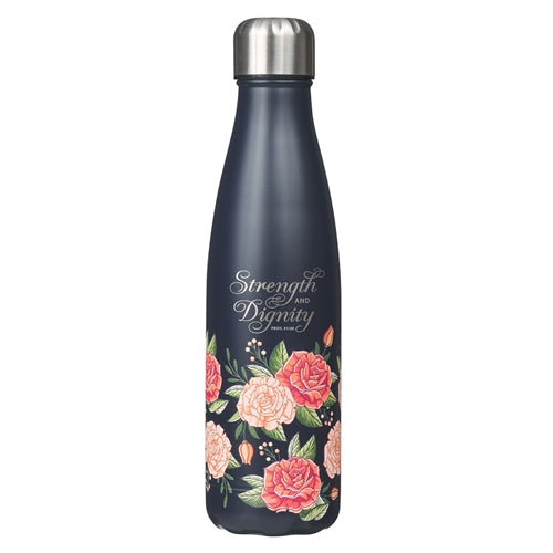 Stainless Steel Water Bottle -Strength & Dignity Navy Flora Prov. 31vs25