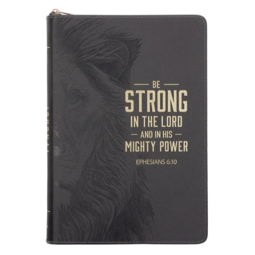 Faux Leather Journal With Zipped Closure - Be Strong in the Lord and in His Mighty Power Grey Lion