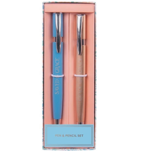 Pen and Pencil Set -Saved by Grace & Grace Upon Grace Turquoise Pen and Rose Gold Pencil Set