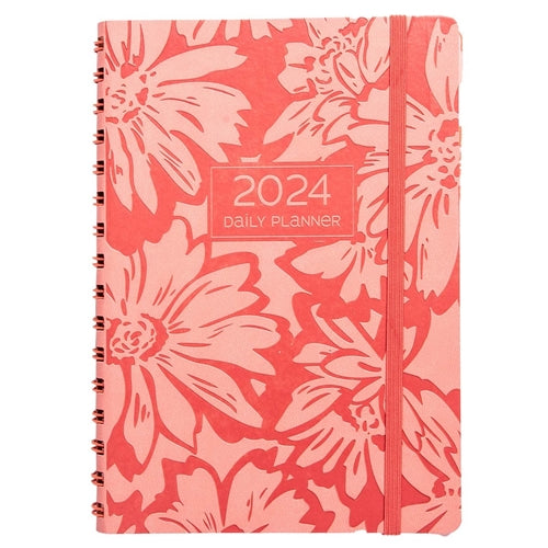 2024 A5 Daily Planner - Apricot Blossoms - Imitation Leather Wire-bound