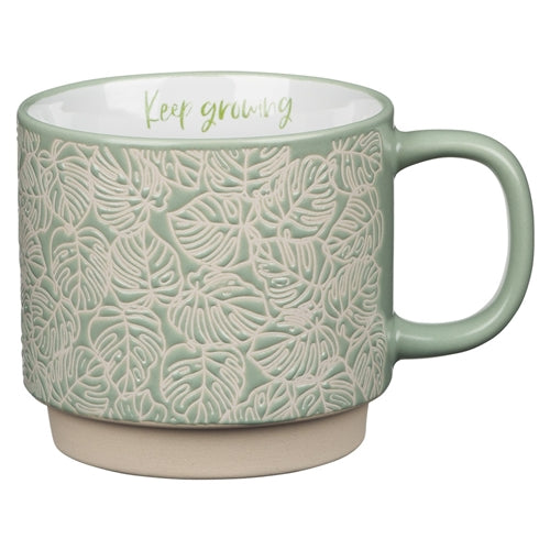 Ceramic Mug -Keep Growing Light Shade Of Green With Leaf Motif