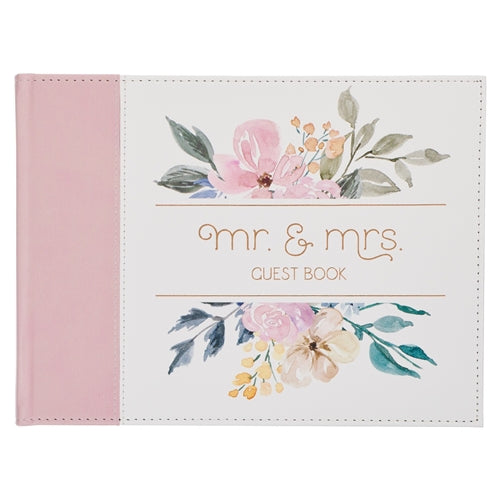 Mr & Mrs White And Pink Floral Medium Faux Leather Guest Book - 1 John 4vs19