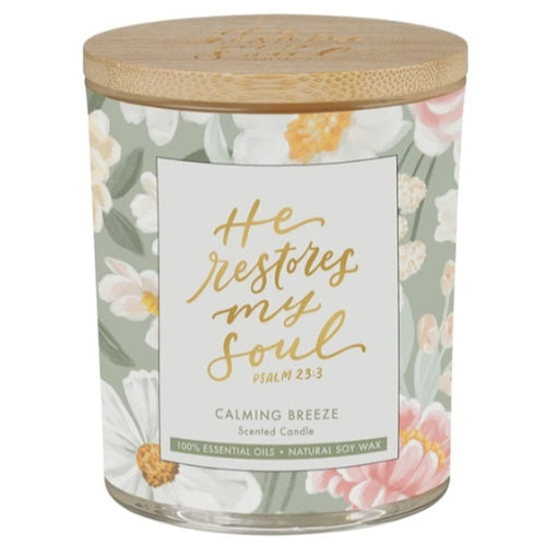 Scented Candle with Bamboo Lid - He Restores My Soul Calming Breeze