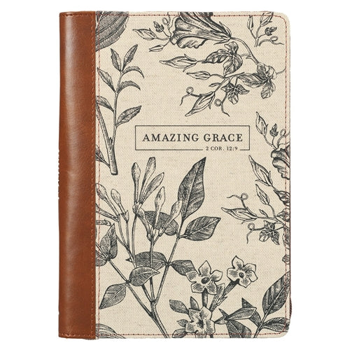 Faux Leather Journal With Zipped Closure -Amazing Grace Floral 2 Cor 12vs9