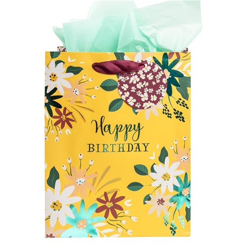 Gift Bag With Gift Tag -Happy Birthday Yellow Medium