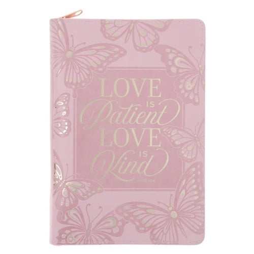 Faux Leather Journal With Zipped Closure - Love Is Patient Love Is Kind Blush Pink
