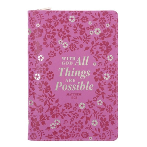 Faux Leather Journal With Zipped Closure - With God All Things Are Possible