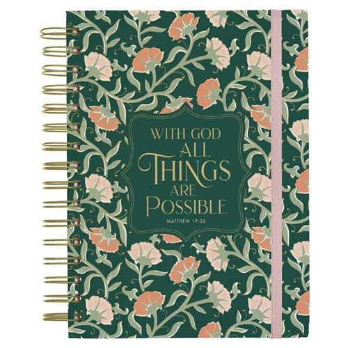 Chunky Hardcover Wirebound Journal with Elastic Closure - With God All Things are Possible Green