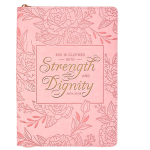 Journal With Zipped Closure -Strength & Dignity Pink Faux Leather Prov 31vs 25
