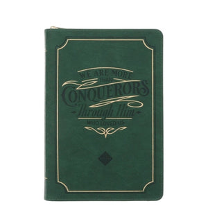 Faux Leather Journal with Zipped Closure- We Are More than Conquerors Through Him Who Loved Us Green