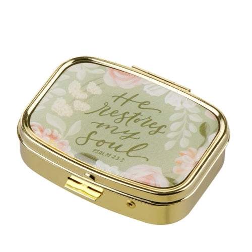 Epoxy Gold Metal Pill Box -He Restores My Soul