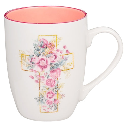 Ceramic Mug - Floral Cross With Pink Rim & Interior