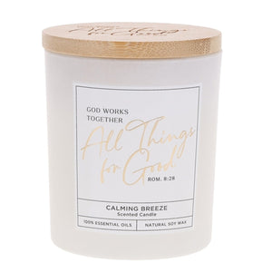 Scented Candle with Bamboo Lid - God Works Together All Things for Good Calming Breeze