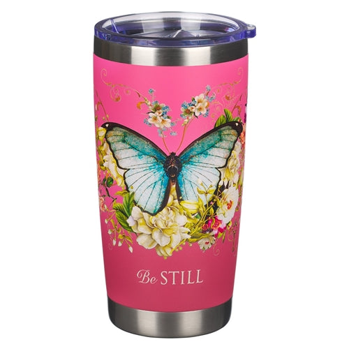 Stainless Steel Travel Mug - Be Still Pink Butterfly - Psalm 46vs10