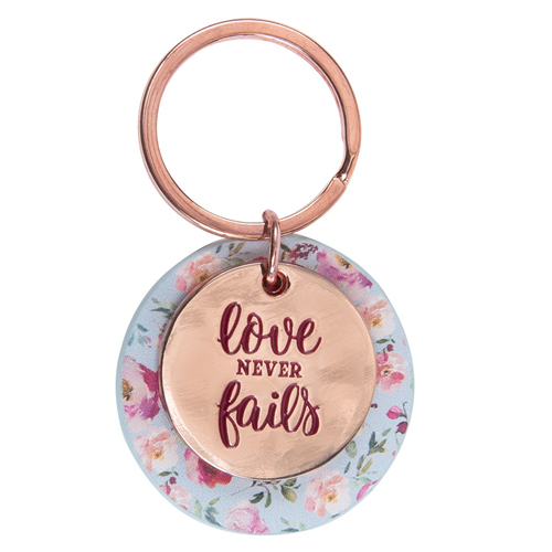 Faux Leather Key Ring -Love Never Fails 1 Corinthians 13 vs 8