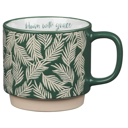 Ceramic Mug -Bloom With Grace Dark Green With Leaf Motif