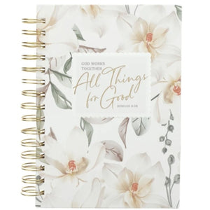 Wirebound Journal -God Works Together All Things for Good White Floral Large Hardcover