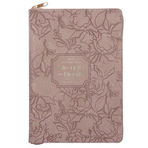 Faux Leather Journal With Zipped Closure - She Is Clothed with Strength and Dignity Beige