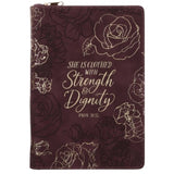 Faux Leather Journal with Zipped Closure - She Is Clothed with Strength and Dignity Burgundy