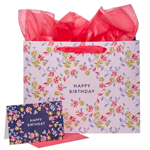 Gift Bag - Green And Pink Flower Design Happy Birthday Large Landscape Gift Bag With Card