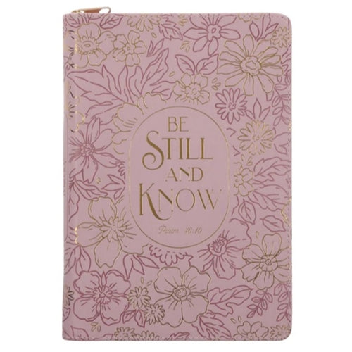 Faux Leather Journal With Zipped Closure - Be Still and Know Floral Pink