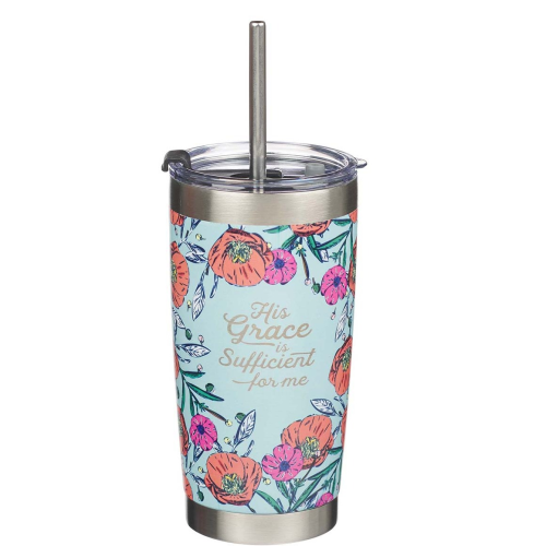 Stainless Steel Mug With Straw -His Grace Is Sufficient