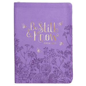 Journal With Zipped Closure -Be Still Bees Purple Faux Leather