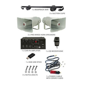 Vehicle PA System -Loudcruiser  2 horn speakers, Pro MP3 amp, microphone & roof-rack
