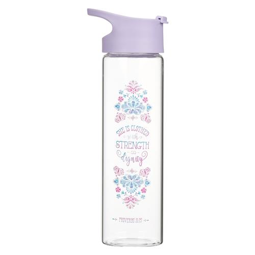 Glass Water Bottle -She Is Clothed in Strength and Dignity