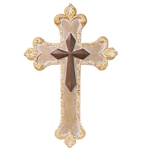 Polystone Cross -Cross Brown And Gold