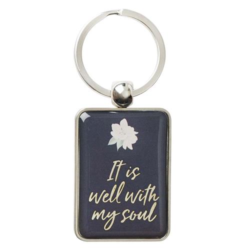 Metal Keyring In Gift Tin -It Is Well With My Soul Floral Navy