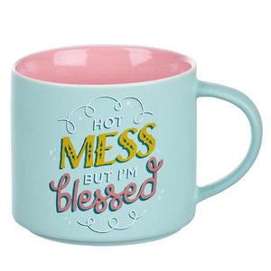 Ceramic Mug -Hot Mess But I'm Blessed Mint And Pink