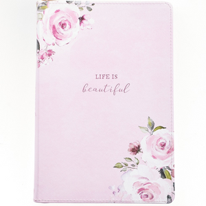 Faux Leather Journal -Life Is Beautiful Roses Pink With Zipped Closure
