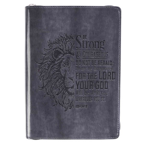Journal - Be Strong & Courageous Zipper (Grey, Luxleather)
