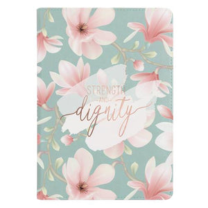 Faux Leather Journal With Zipped Closure -Strength And Dignity Teal  Pink Flower