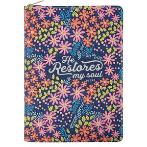 Faux Leather Journal With Zipped Closure -He Restores My Soul Floral